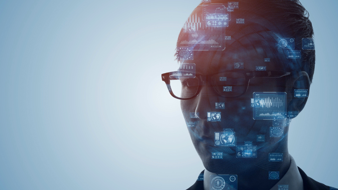 man with business terms floating across his face, ai business productivity
